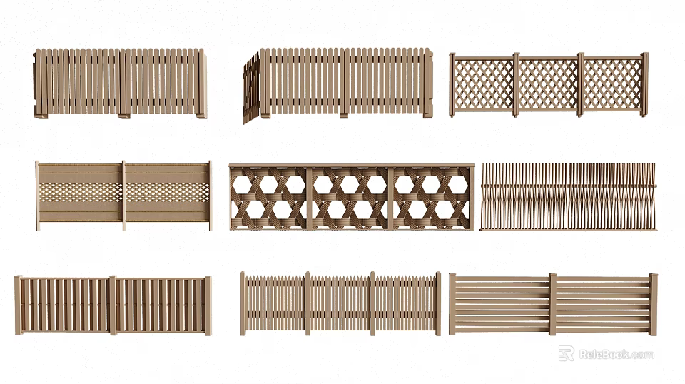 Various Wooden Fence Designs with Decorative Patterns and Classic Styles 3d model 