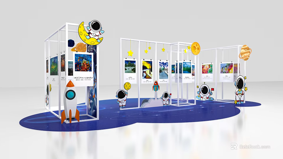 Colorful Space Themed Art Installation With Astronauts Moon Stars Rocket And Display Frames 3d model 
