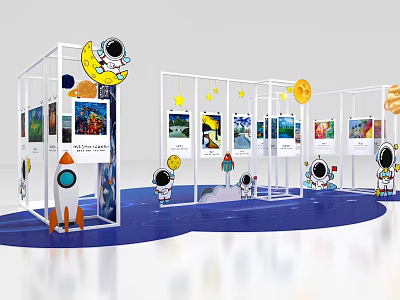 Colorful Space Themed Art Installation With Astronauts Moon Stars Rocket And Display Frames 3d model
