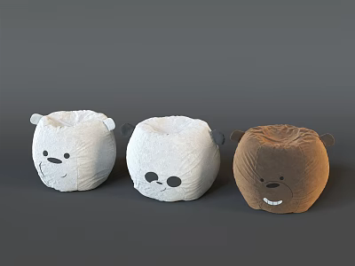 Three Cute Animal Shaped Bean Bag Chairs in White Brown and Panda Styles 3d model