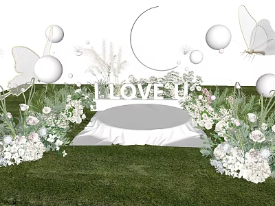 Outdoor Grass Decor With Round Stage LOVE U Letters White Flowers And Butterfly Accents 3d model
