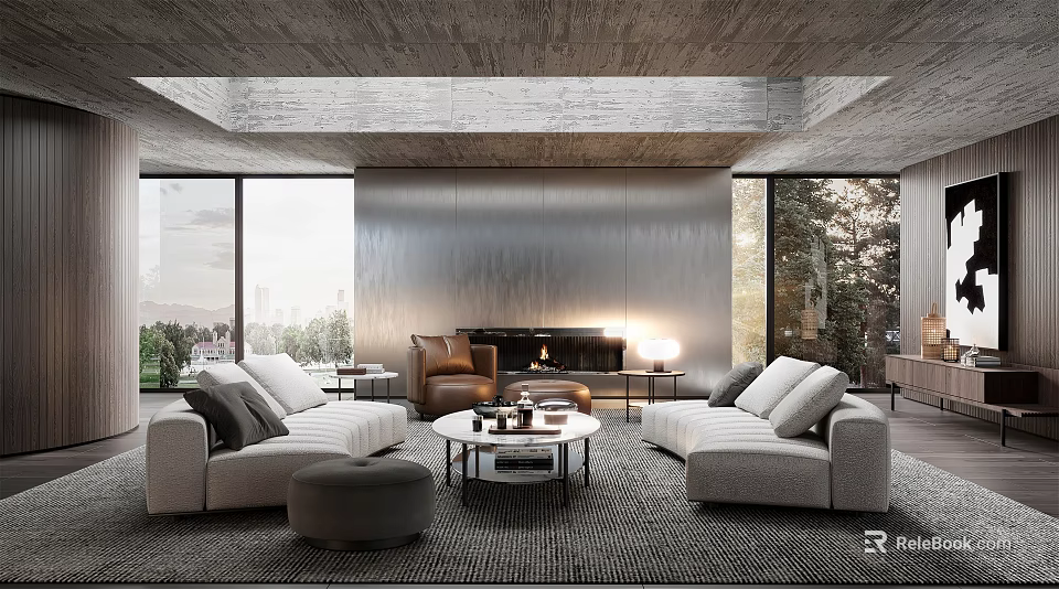 Modern Living Room Interior Design With Concrete Ceiling Large Windows Fireplace And Cozy Seating 3d model 