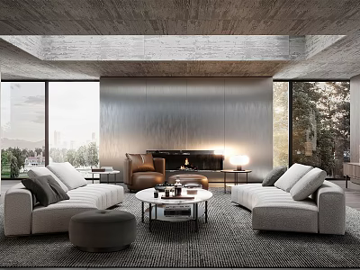 Modern Living Room Interior Design With Concrete Ceiling Large Windows Fireplace And Cozy Seating 3d model