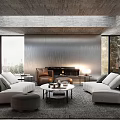 Modern Living Room Interior Design With Concrete Ceiling Large Windows Fireplace And Cozy Seating