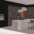 Modern Open Kitchen Interior With Island Counter Hanging Pendant Lights And Bar Stools