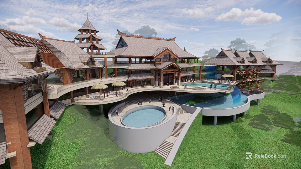 Traditional Style Resort Hotel Building with Circular And Rectangular Swimming Pools Green Lawns And Terraces 3d model 