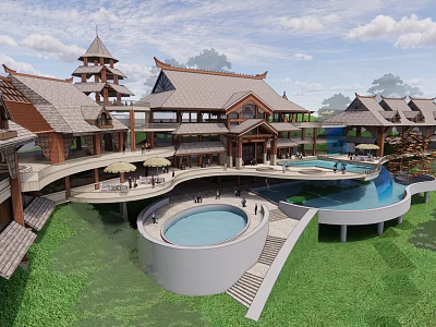 Traditional Style Resort Hotel Building with Circular And Rectangular Swimming Pools Green Lawns And Terraces 3d model