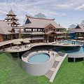 Traditional Style Resort Hotel Building with Circular And Rectangular Swimming Pools Green Lawns And Terraces