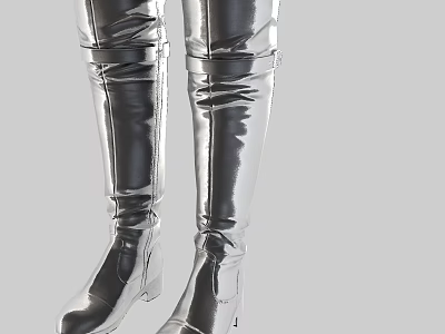 Silver Metallic Shiny Knee High Boots With Sleek Design For Fashion Footwear 3d model