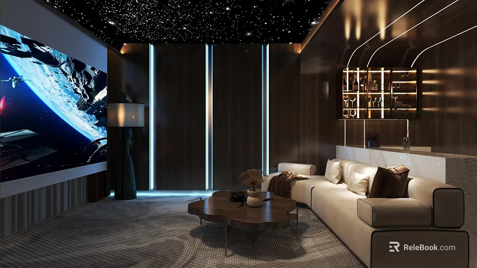 Home Theater Interior With Starry Ceiling Large Screen Sofa And Coffee Table 3d model 