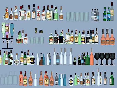 Various Styles of Wine Bottles and Glasses Collection for Bar and Home Use 3d model