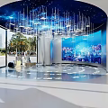 Modern Showroom Featuring Blue Sports Car With Sleek Design And Ambient Lighting Elements