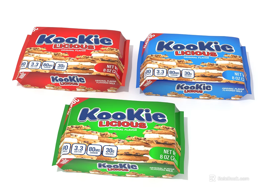 KooKie LiChoua Biscuits With Red Blue Green Box Packages On White Background 3d model 