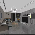 Modern Living And Dining Room Interior With Beige Sofa Coffee Table TV Wall And Chandelier