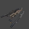 Two Tactical Rifles With Scope And Tactical Accessories In Tan And Gray
