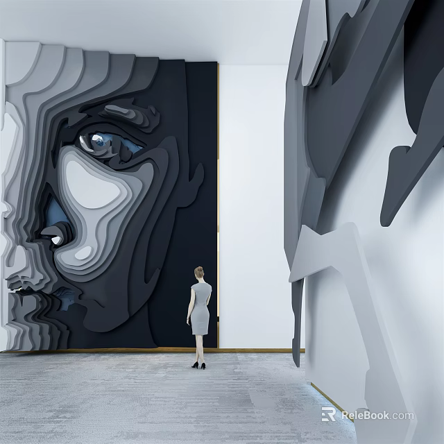 Modern 3D Abstract Face Relief Background Wall In Art Gallery With Standing Woman Figure 3d model 