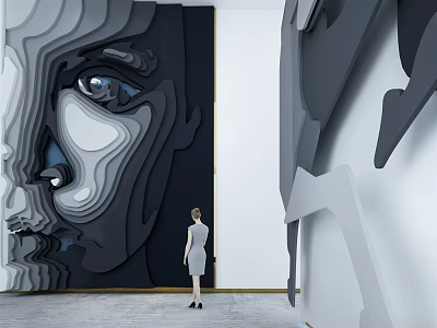 Modern 3D Abstract Face Relief Background Wall In Art Gallery With Standing Woman Figure 3d model