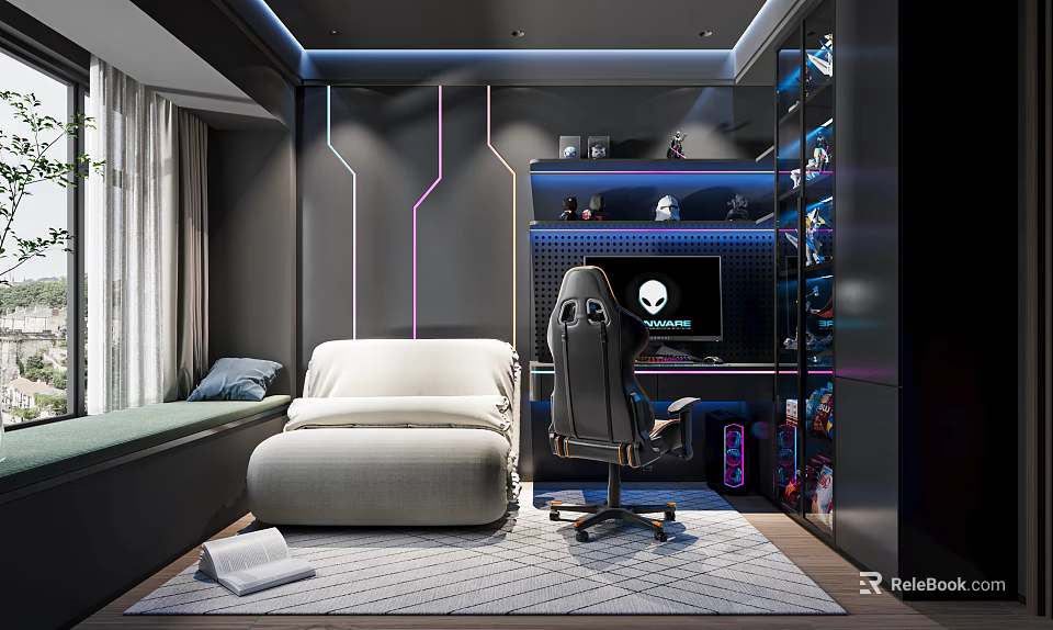 Gaming Study Room With Sofa Bed Gaming Chair And Neon Lights 3d model