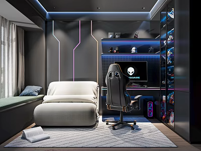 Gaming Study Room With Sofa Bed Gaming Chair And Neon Lights 3d model