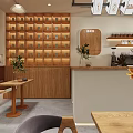 Modern Milk Tea Shop Interior With Wooden Bar Tables Chairs And Green Plants