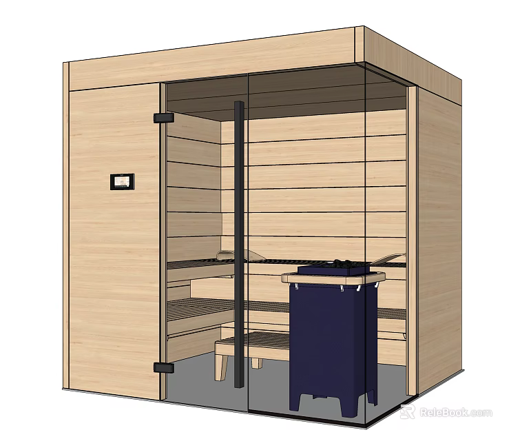 Modern Wooden Sauna Room Interior Design With Glass Door And Tiered Wooden Benches 3d model 