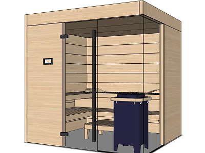 Modern Wooden Sauna Room Interior Design With Glass Door And Tiered Wooden Benches 3d model