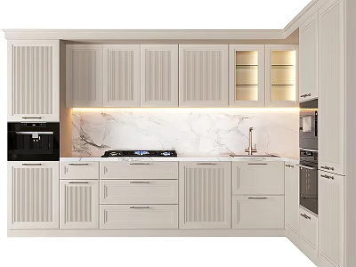Modern White Kitchen Cabinets With Marble Countertop And Built In Appliances 3d model
