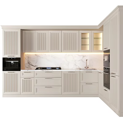 Modern White Kitchen Cabinets With Marble Countertop And Built In Appliances 3d model
