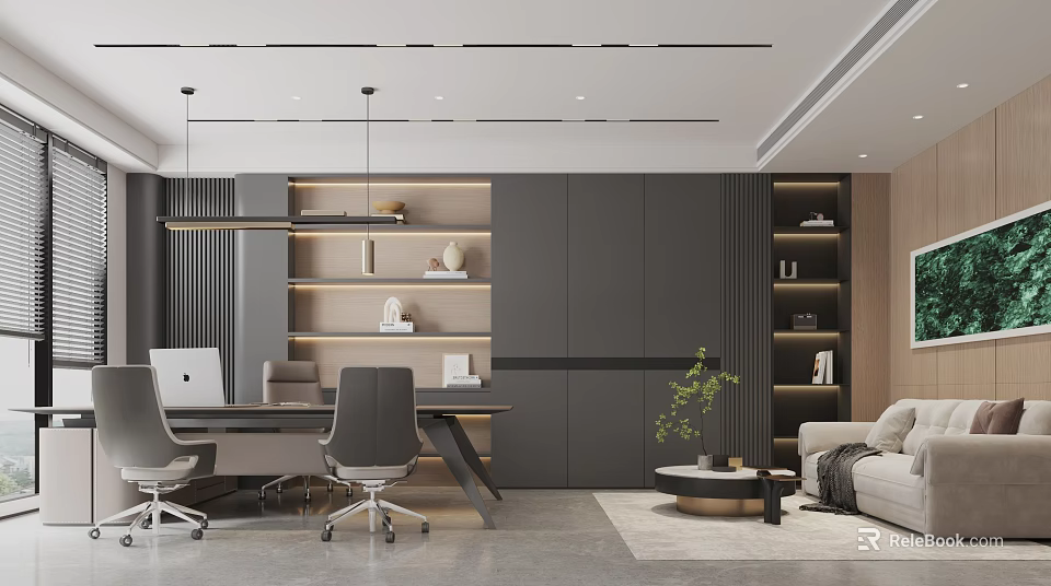 Modern Conference Room Interior With Desk Chairs Bookshelves Dark Cabinets Sofa And Potted Plant 3d model 