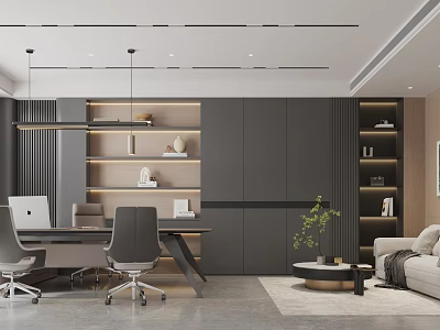 Modern Conference Room Interior With Desk Chairs Bookshelves Dark Cabinets Sofa And Potted Plant 3d model