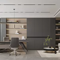 Modern Conference Room Interior With Desk Chairs Bookshelves Dark Cabinets Sofa And Potted Plant