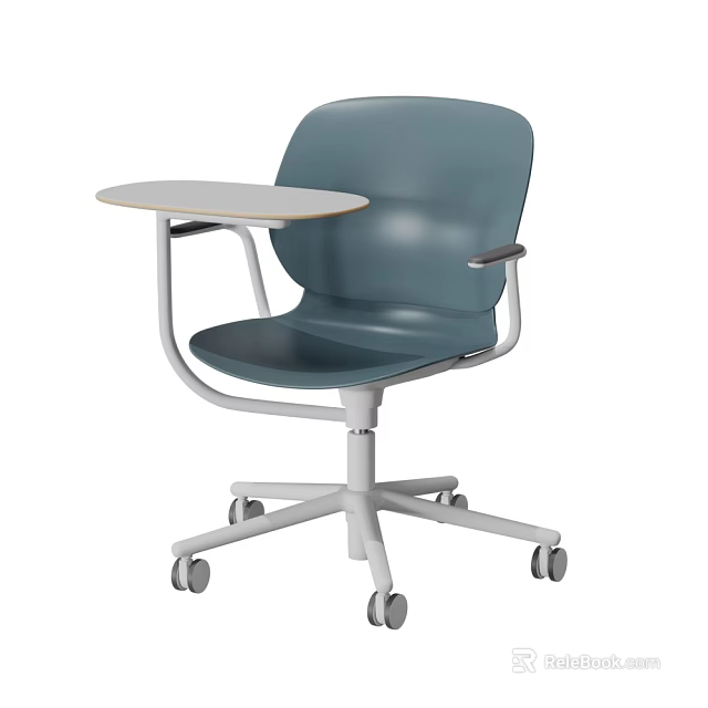 Blue Office Chair with Foldable Tray Table Armrests and White Base on Rolling Wheels 3d model 