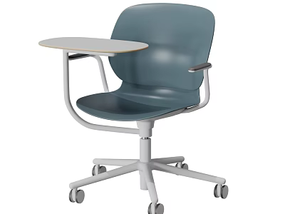 Blue Office Chair with Foldable Tray Table Armrests and White Base on Rolling Wheels 3d model