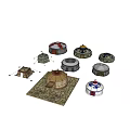 Multiple Traditional Yurts In Different Styles With Decorative Patterns And Stone Ground