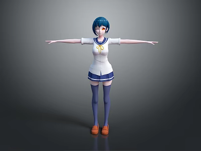 3D Game Movie Character With Blue Short Hair White Top Blue Skirt And Arms Outstretched 3d model