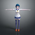 3D Game Movie Character With Blue Short Hair White Top Blue Skirt And Arms Outstretched
