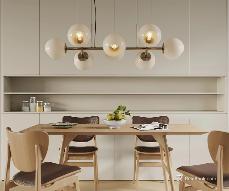 Modern Spherical Chandelier Hanging Over Wooden Dining Table With Chairs Fruit Bowl And Light Cabinets 3d model 