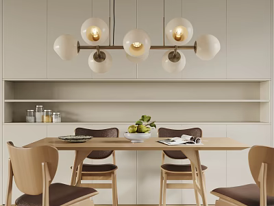 Modern Spherical Chandelier Hanging Over Wooden Dining Table With Chairs Fruit Bowl And Light Cabinets 3d model
