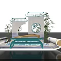 Traditional Chinese Decorative Scene With Architectural Elements Bamboo Scrolls And Musical Instrument