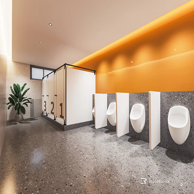 Modern Public Toilet With Private Cubicles Urinals Indoor Plant And Orange Wall Design 3d model 