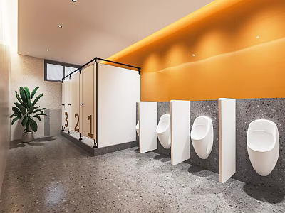 Modern Public Toilet With Private Cubicles Urinals Indoor Plant And Orange Wall Design 3d model