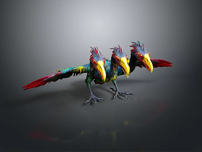 Three Vibrant Feathered Birds With Red Green Blue Plumage And Yellow Beaks 3d model