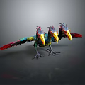 Three Vibrant Feathered Birds With Red Green Blue Plumage And Yellow Beaks