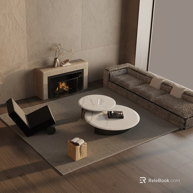 Modern Sofa And Coffee Table Set With Marble Tables Fireplace And Accent Chair 3d model 