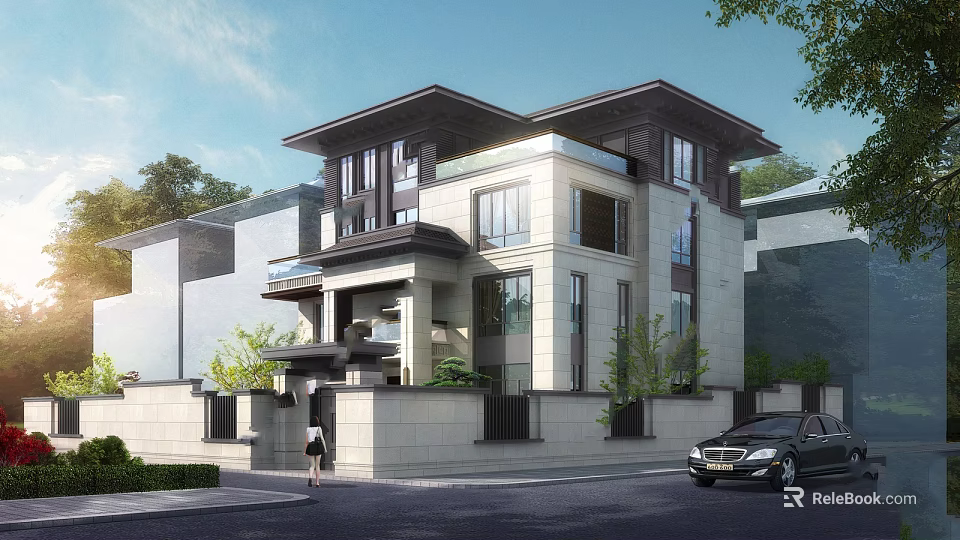 Modern Detached Villa Two-Story Exterior With Large Windows Greenery And Black Car At Entrance 3d model 