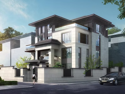 Modern Detached Villa Two-Story Exterior With Large Windows Greenery And Black Car At Entrance 3d model
