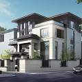Modern Detached Villa Two-Story Exterior With Large Windows Greenery And Black Car At Entrance