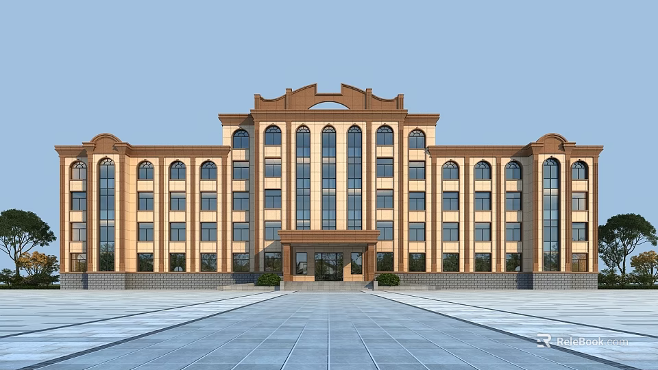 Grand Classical Office Building With Symmetrical Facade Arched Windows And Spacious Entrance Plaza 3d model 
