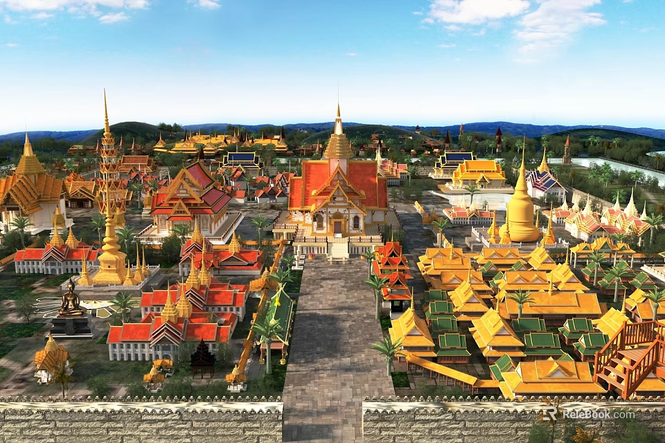 Scenic Traditional Architecture Landscape with Golden Pagodas Red Gold Roofs Stone Pathway and Greenery 3d model 