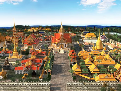 Scenic Traditional Architecture Landscape with Golden Pagodas Red Gold Roofs Stone Pathway and Greenery 3d model